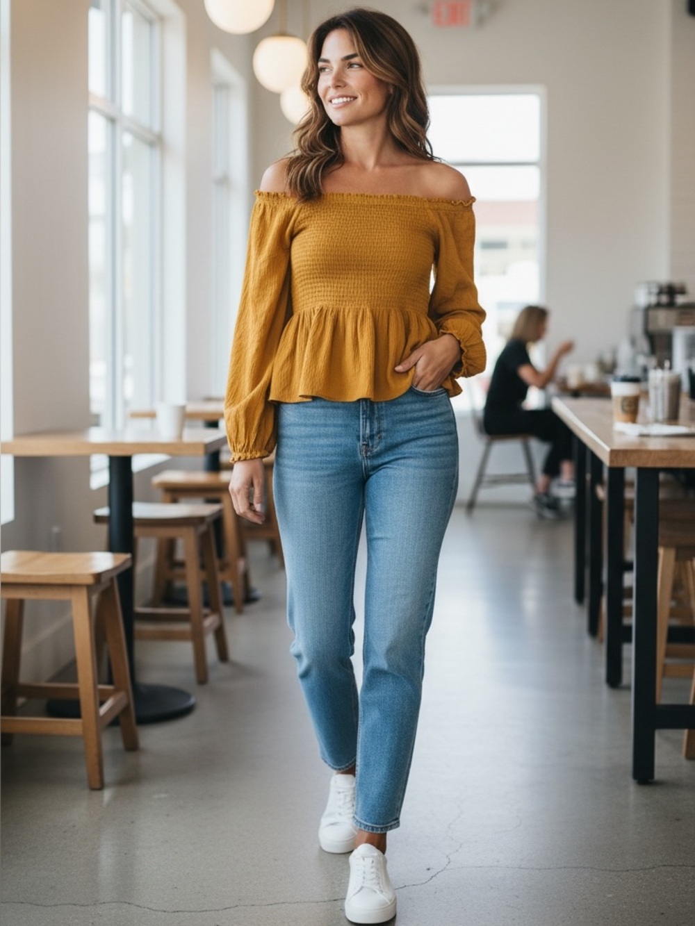 Madewell Mustard Off-Shoulder Smocked Peplum Blouse